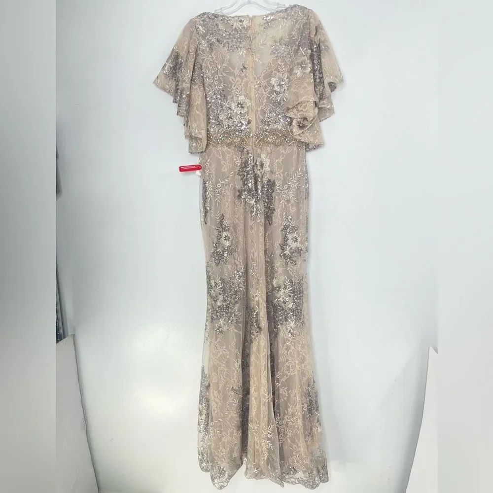 Mac Duggal 67842 Bell Sleeve Floral Embellished Formal Event Gown, Taupe Size 4